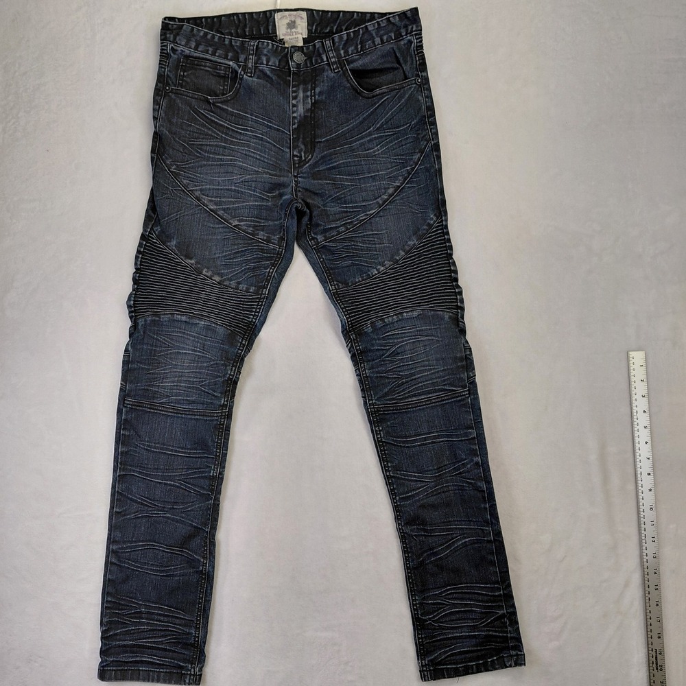 Smoke Rise Mens Moto Biker Jeans Dark Wash Ribbed Slim Fit‎ Blue Denim 34x34